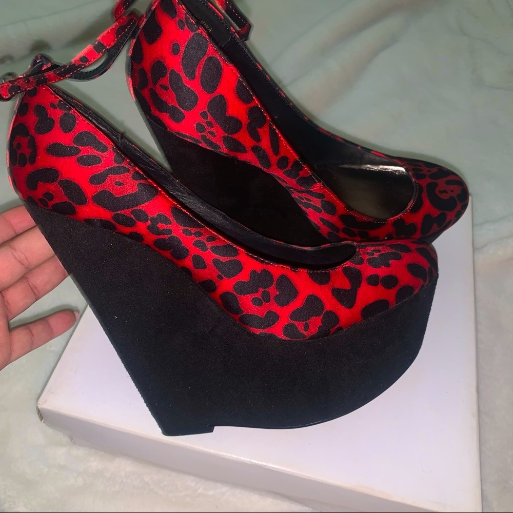 Wild pair red leopard platform wedge heels